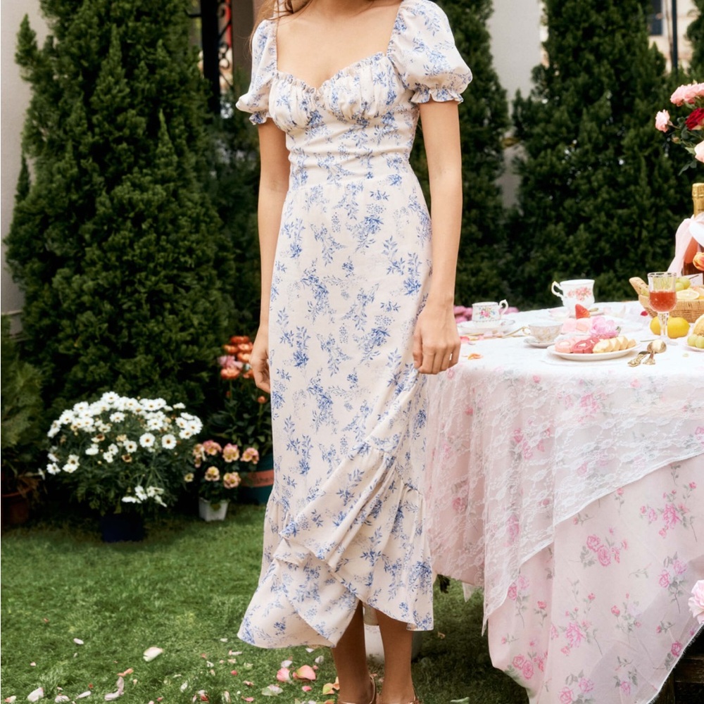 Petite Blue and White Ruffled Tiered Midi Dress with Puff Sleeves